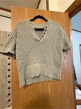 Varley Light Sage Open-Knit Short Sleeve Sweater